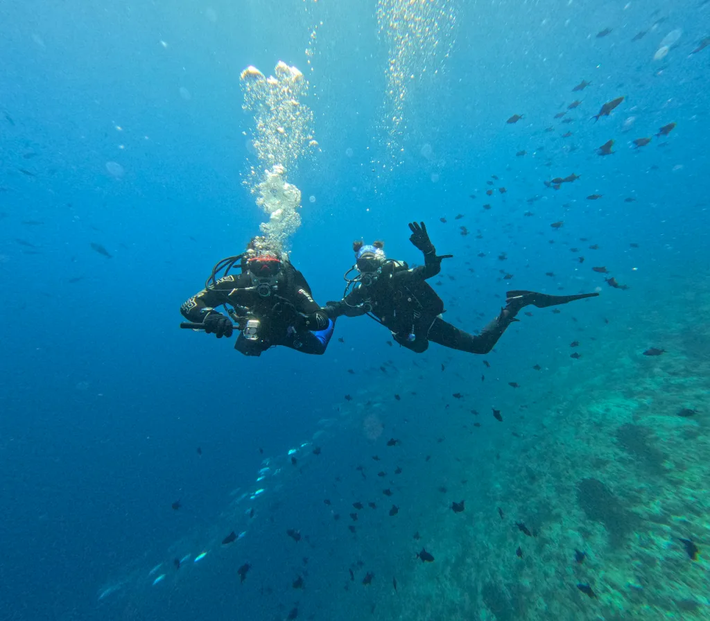 Mile y Joe buceando juntos, rodeados de peces